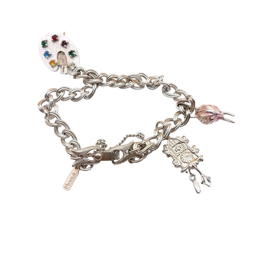 Vintage Monet Silver-Tone Charm Bracelet With Art Palette Knitting and Clock